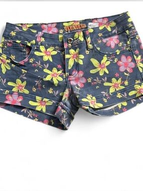 Girls sz 9 Floral Print  Denim Shorts - Bright Yellow & Pink Flowers